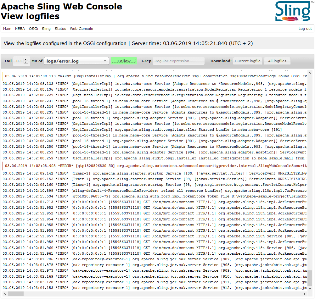 The NEBA log viewer allows downloading and following all default and configured log files.